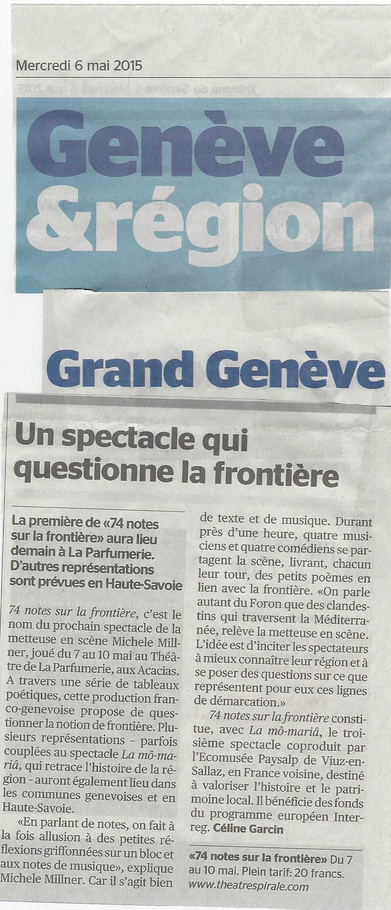 Tribune de Genève – 6 mai 2015 « Un spectacle qui questionne la frontière »